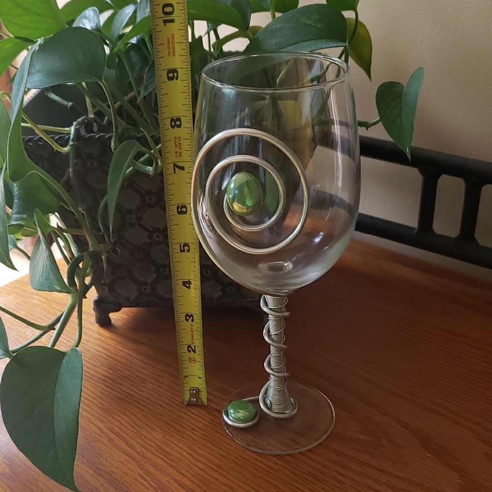 Unique Wine Glass with Silver Twisted Wire & Green Accents